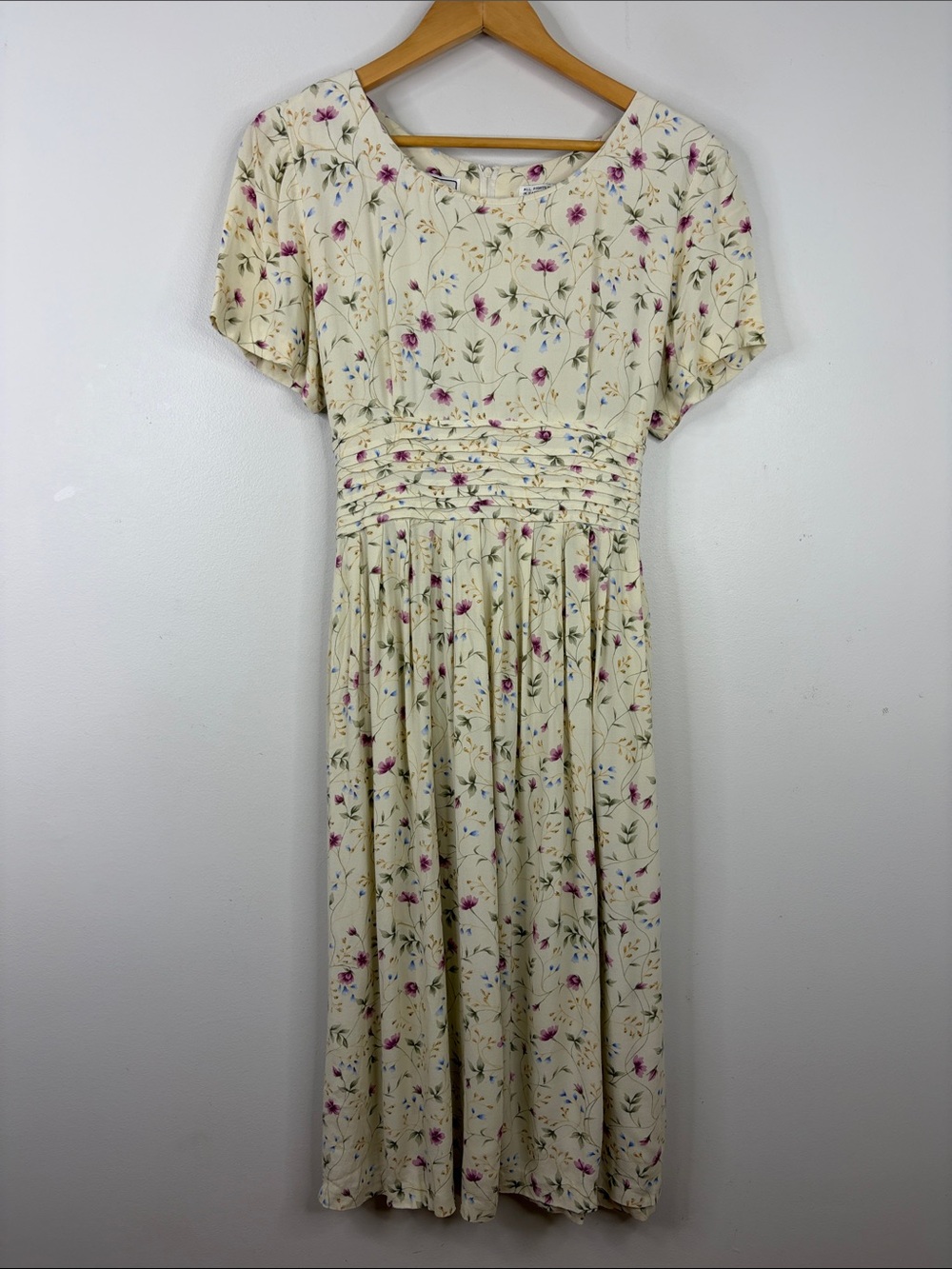 Vintage 90s Dress Womens 12 Cream Floral Short Sleeve Maxi Midi Coquette Girl